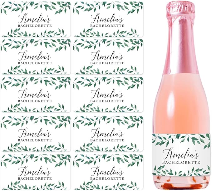 Andaz Press Personalized Mini Champagne Wine Bottle Labels, Amelia's Bachelorette, Location, Greenery Green Leaves, 20-Pack, Custom Mini Champagne Favor Gift Labels Stickers