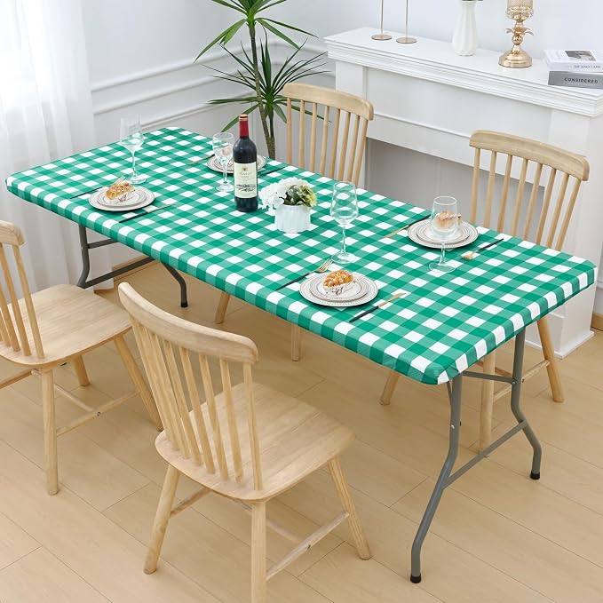 Smiry Picnic Table Cloth 6 Pack, Waterproof Elastic Fitted Tablecloths for 6FT Rectangle Tables, Washable Polyester Buffalo Plaid Tablecloth for Camping, Dining & Outdoor (Green & White, 30" x 72")