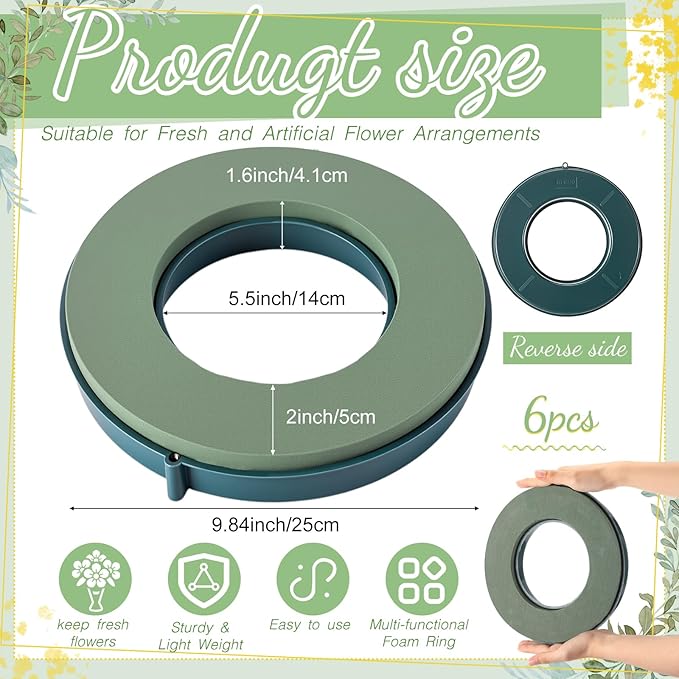 Joyfolk 6 Pcs 10 Inch Floral Foam Rings Round Green Flower Wet Foam Ring Flower Arrangement Kit for Florist Wedding Decoration for Birthdays, Home, Parties