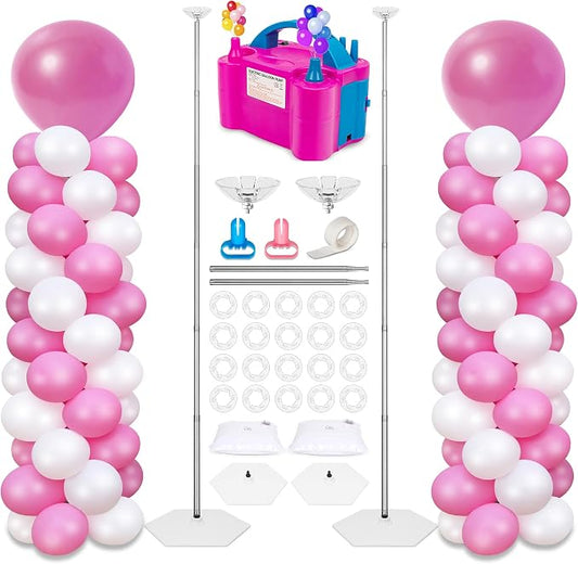 2 Sets Balloon Column Stand and Balloon Pump, Adjustable Metal 9 Feet Balloon Stands for Floor, Balloon Column kit for Baby Shower Graduation Birthday Wedding Party