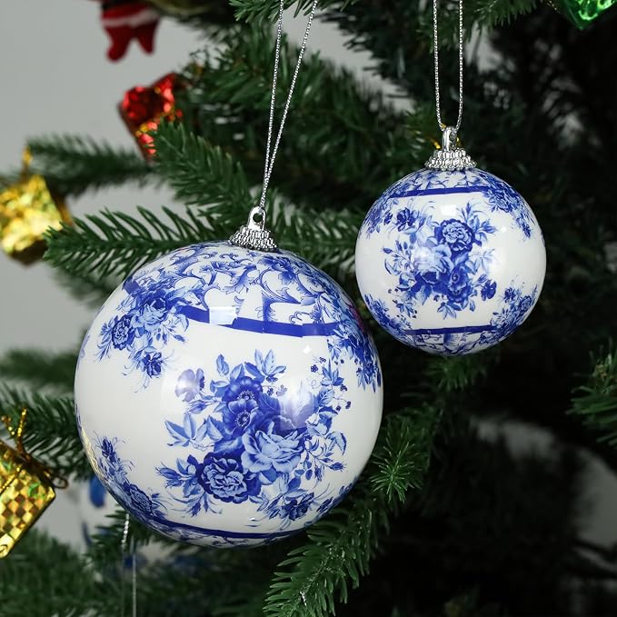 10 Pcs White Blue Christmas Chinoiserie Ornaments Ball Christmas Porcelain Plastics Balls Hanging Decoration for Home Tree Xmas Party Birthday Wedding (Elegant Style)