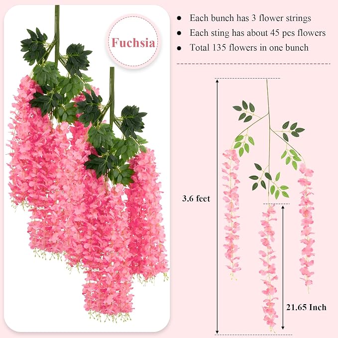 U'Artlines 24 Pack (Total 86.4 Feet) Artificial Fake Wisteria Vine Rattan Hanging Garland Silk Flowers String Home Party Wedding Decor (24, Fuchsia)