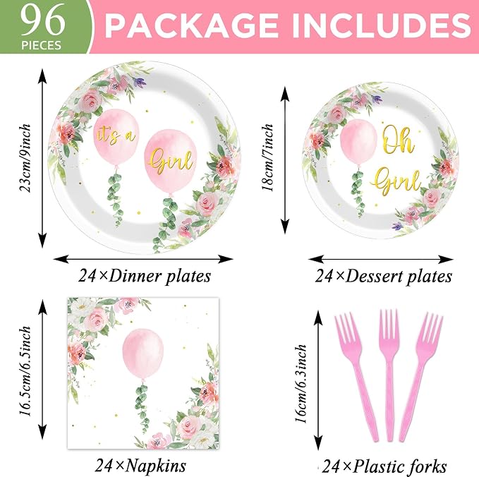 96Pcs Oh Girl Watercolor Pink Balloon Party Supplies Greenery Girl Baby Shower Tableware Set Pink Flower Party Favor Birthday Baby Shower Parties Plates and Napkins Table Decorations for 24 Guests