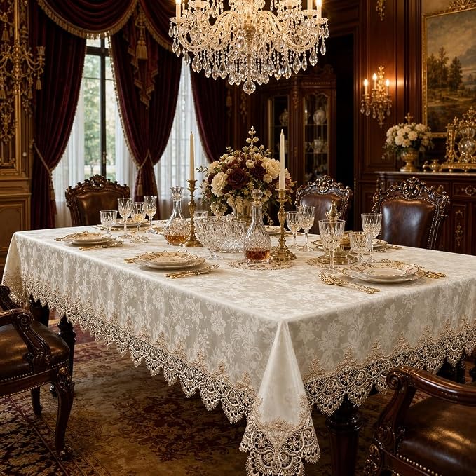 ARTABLE Lace Table Cloth Rectangle Traditional American Style Antique Flower Decor Macrame Luxury Victorian for Outdoor Farmhouse Rustic Kitchen Party Birthday Picnic (Light Brown, 52 x 70 Inch)