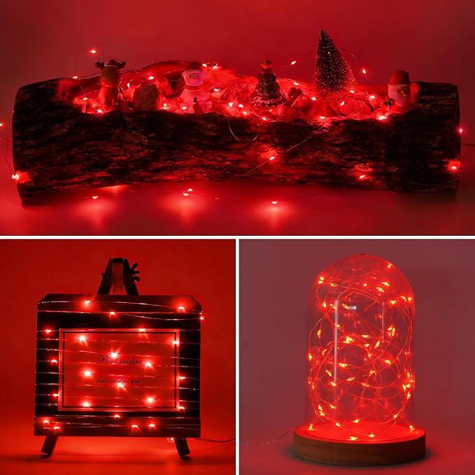 QITONG 8 Pack Red Fairy Lights Battery Operated Outdoor, Each 16 ft 50 LED Mini String Lights, Sliver Wire Christmas Twinkle Lights Indoor