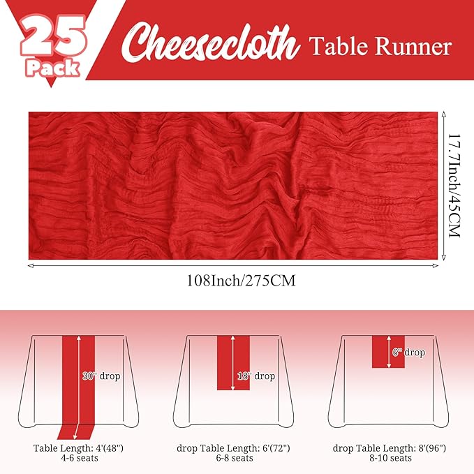 25 Pack Red Table Runner 17 x 108inch Cheesecloth Table Runner Boho Gauze Table Runners Rustic Sheer Fabric Cheese Cloth Table Runners for Wedding Party Bridal Shower Farmhouse Thanksgiving Decor