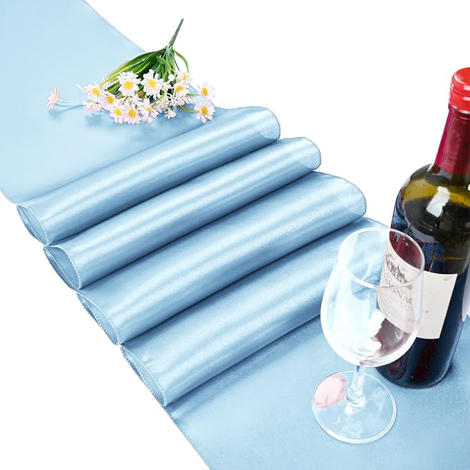 15 Pack Light Blue Satin Table Runners 12 x 108 Inch Long Blue Table Runners for Rectangle Round Tables, Smooth Satin Table Runner for Wedding,Birthday Party Banquets Engagements Decoration