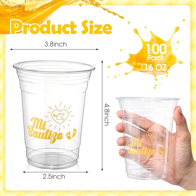 100 Pcs Spanish Baptism Plastic Cups 16 oz Gold Dove Mi Bautizo Cups for Spanish Baptism Decorations, Easter First Communion & Hispanic Baby Shower Party Supplies