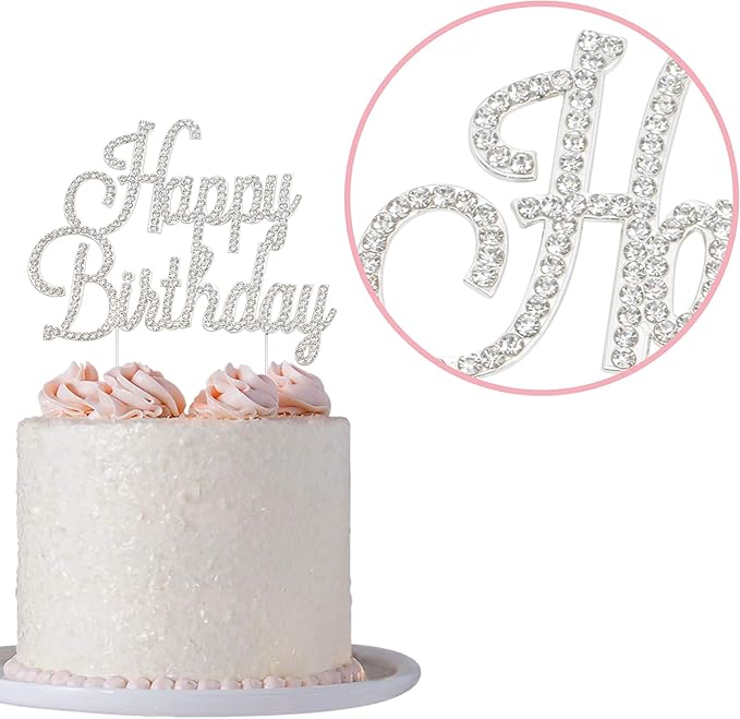 Happy Birthday Cake Topper - Premium Silver Metal - Happy Birthday Party Sparkly Rhinestone Decoration Makes a Great Centerpiece - Now Protected in a Box