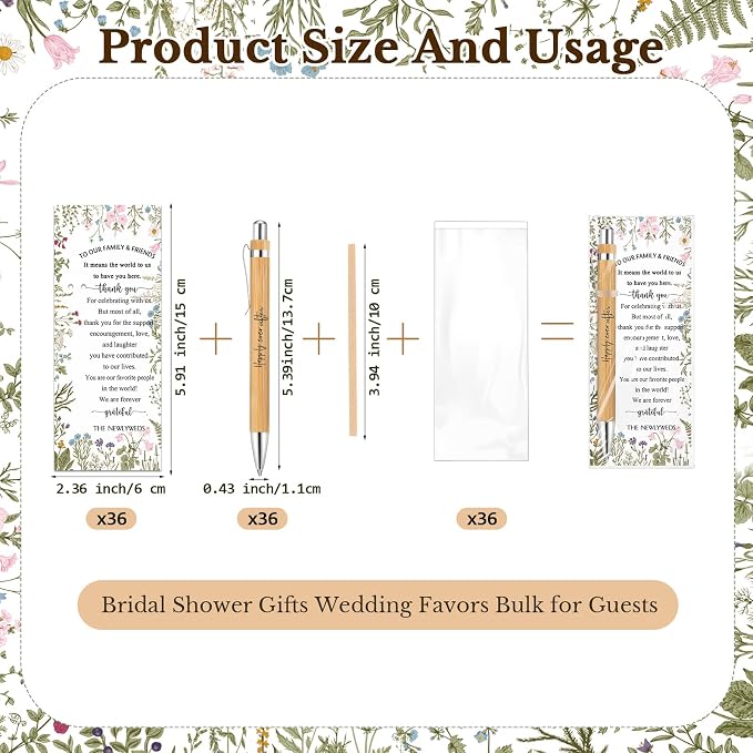 Spakon 36 Sets Wildflower Wedding Favors for Guests Bamboo Pens with Thank You Cards Clear Gift Bags Bridal Shower Gifts for Guest Souvenirs
