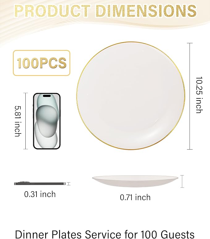 Nervure 100Pcs Ivory and Gold Plastic Plates - 10.25inch Disposable Ivory Dinner Plates - Heavy Duty Plastic Plate Ideal for Wedding & Party (Pack of 2)