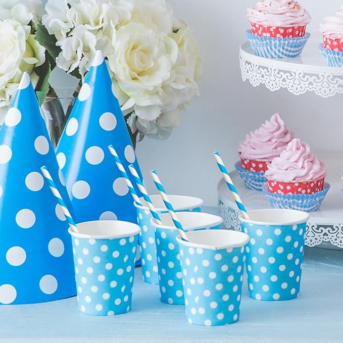 100 Packs Blue Biodegradable Striped Paper Straws, Disposable Drinking Straws for Birthday Carnival Summer Pool Party Wedding Baby Shower Halloween Christmas Party Decoration Supplies