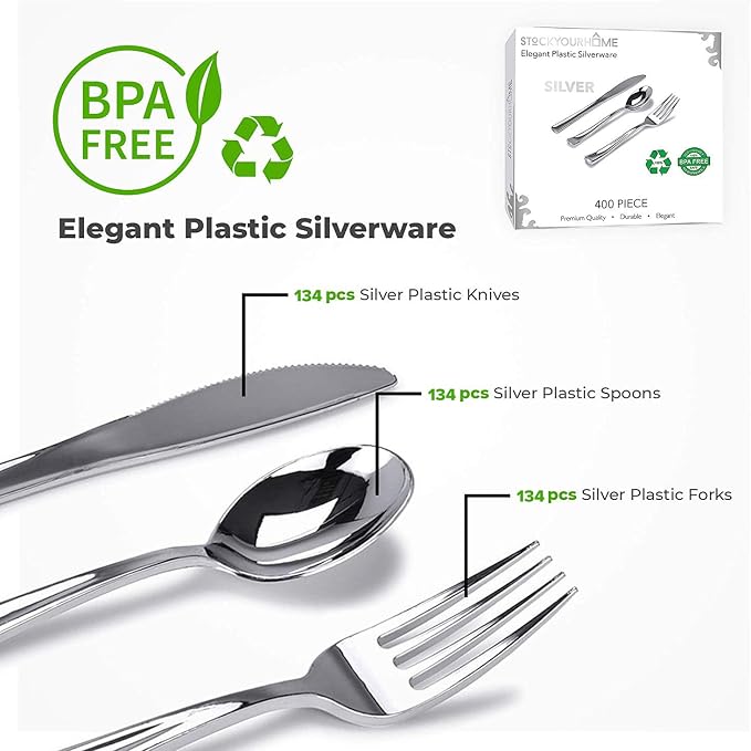 Silver Plastic Silverware Set (400-Pack) – Disposable Heavy Duty Cutlery, 134 Forks, 134 Knives, 134 Spoons for Parties, Weddings, Dinners & Holidays, Stock Your Home