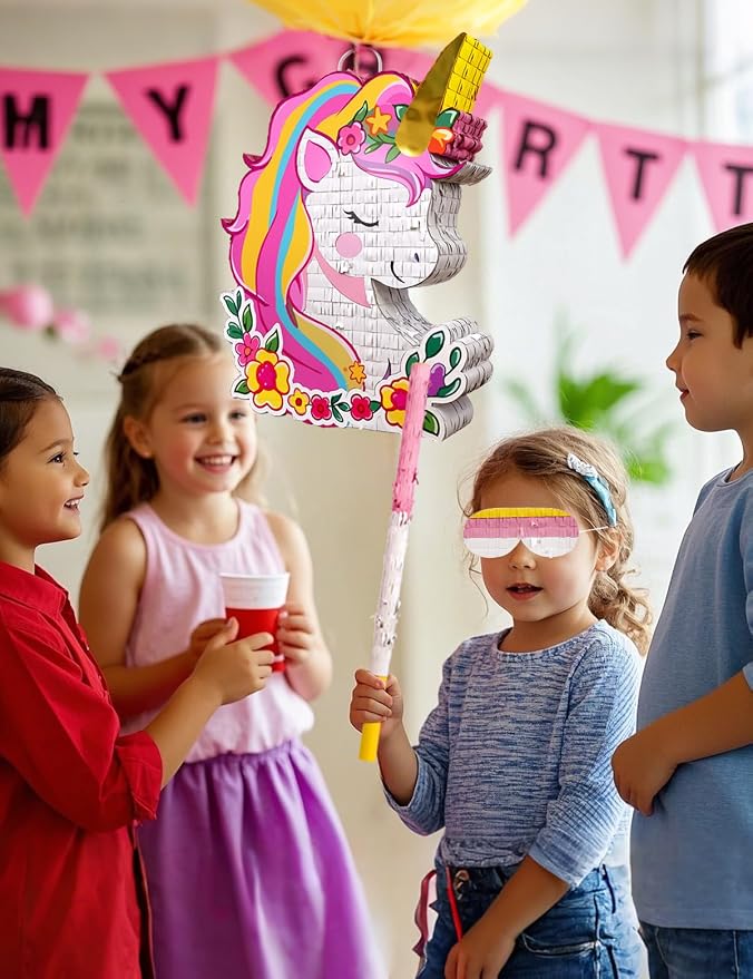 Unicorn Piñata for Birthday Party Girl, Princess Party Piñata with Wood Stick, Blindfold & Confetti, Rainbow Unicorn Birthday Decoration (15.6"x12.6"x3.1")