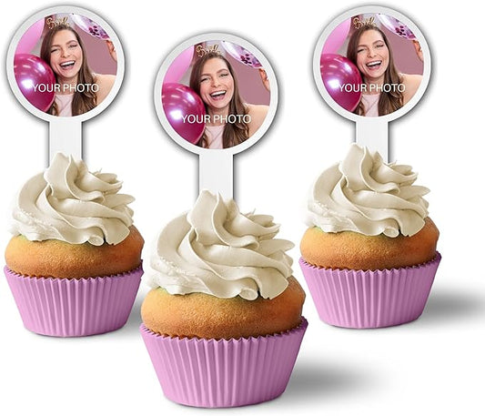 Custom Photo Cupcake Toppers, Plastic Personalized Cupcake Picks 2x4 Inches, Upload 1 Photo, American Made (Circle Shape) (900)