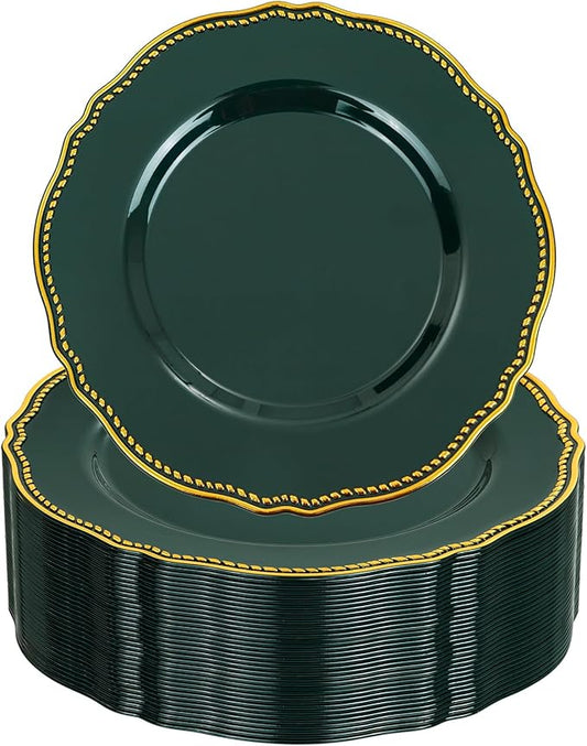 Hioasis 60pcs Green Plastic Plates - Green and Gold Disposable Dinnerware with Gold Rim, Heavy-duty, 7.5 inch, Dessert Plates for Party