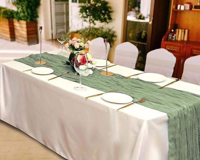 8 Pack Sage Green Cheesecloth Table Runner 10Ft Gauze Cheese Cloth Table Runner 35x120 Inch Boho Table Runners for Wedding Banquet Birthday Party Baby Bridal Shower Engagement Picnic Home Table Decor