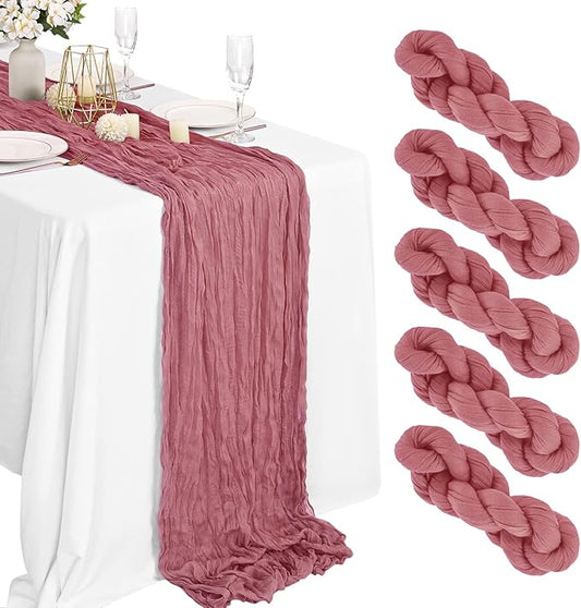 5 Packs Rustic Boho Table Runner, 35" x 120" Gauze Fabric in Dusty Rose for Wedding, Party & Shower Decor