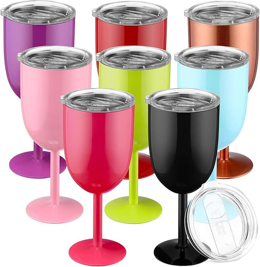Yinder 8 Pcs Stemmed Stainless Steel Wine Glasses, 12 oz Stainless Wine Goblet with Lids Double Wall Insulated Unbreakable Goblets Insulated Stem Tumbler for Friendship Birthday Party(8 Colors)
