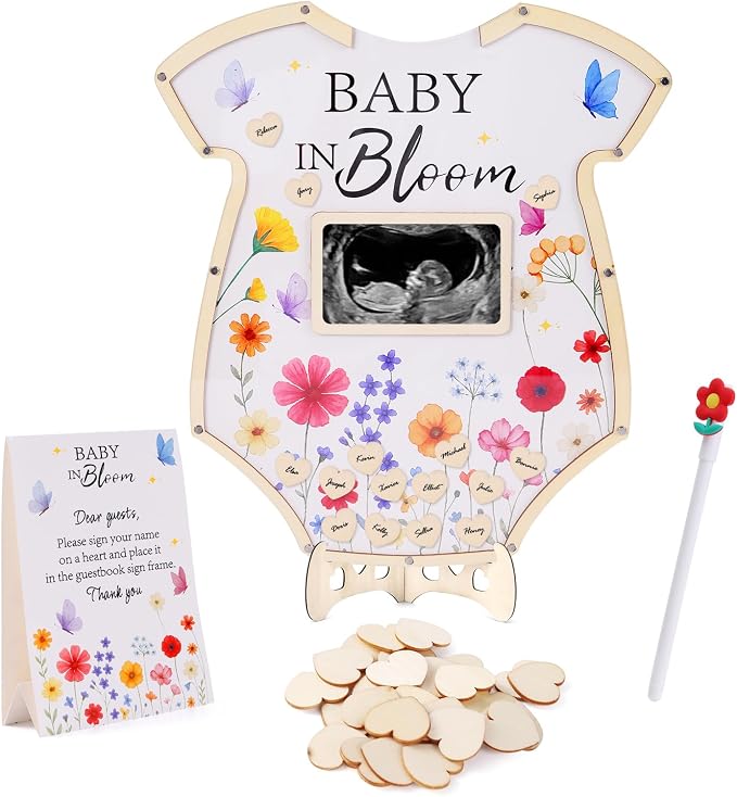 Baby in Bloom Baby Shower Decorations,Wildflower Baby Shower Guest Book Alternatives with Butterfly Pen,Photo Frame and 60 Heart Wood Slices for 60 Guests,Gender Reveal Decorations