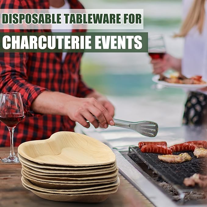 50 Pcs Heart Shaped Palm Leaf Plates, Disposable Compostable Plates, Bamboo Like Charcuterie Boards for Wedding, Party, Catering, Camping, Events and Daily Use(8 Inches)