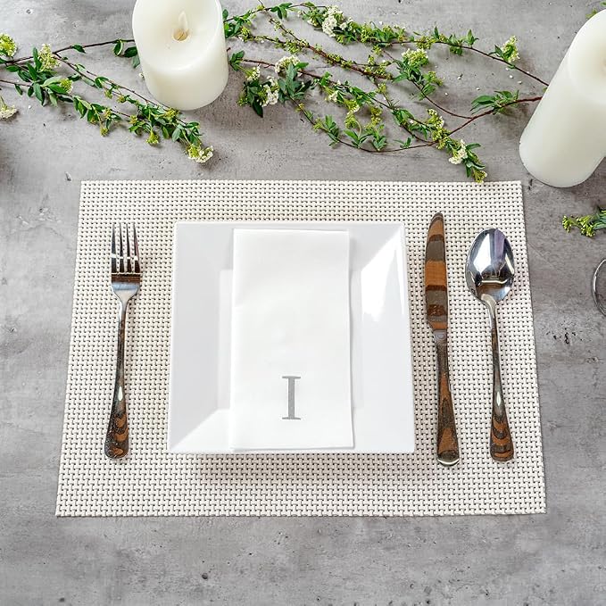 Luxenap 15.8 X 7.9 Inch Linen-Feel Guest Towels, 50 Lettered Hand Towels - Silver Letter 'I', Sans Serif Font, White Paper Dinner Napkins, airlaid, For Restrooms And Tables - Restaurantware