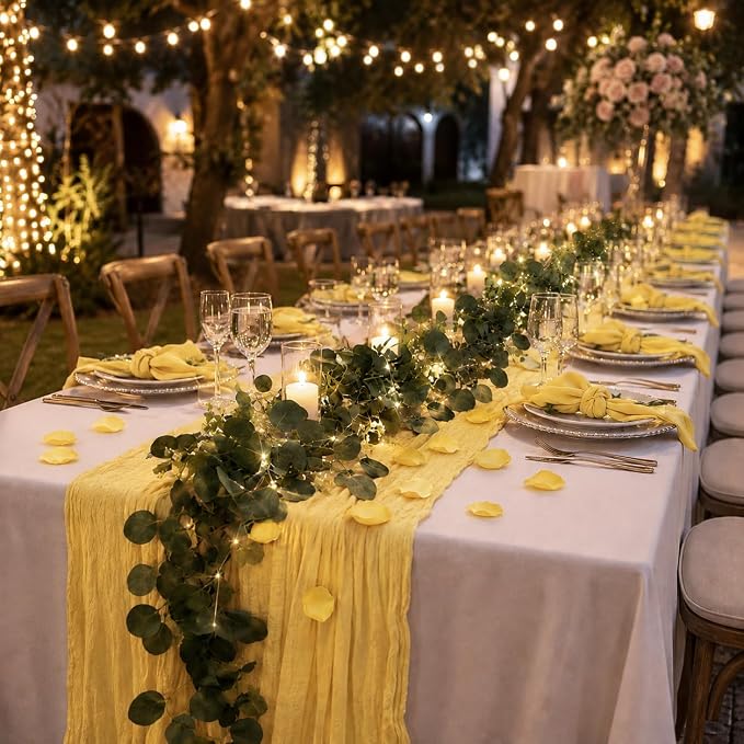 Cinrobiye 11PCS Boho Cheesecloth Table Runner Set 120'' Gauze Table Runner with Wrinkled Napkins Eucalyptus Garland and String Lights for Wedding Baby Shower Tea Party Table Decorations (Lemon yellow)