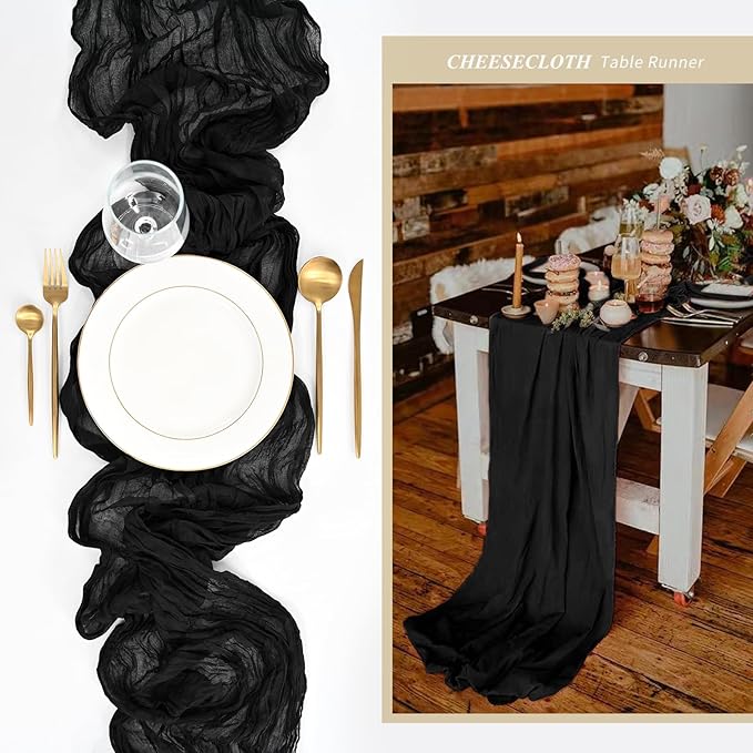 20 Pack Black Cheesecloth Table Runner 20 x 120 inch Boho Gauze Cheese Cloth Table Runner Vintage Rustic Romantic Sheer Runners for Wedding Bridal Shower Birthday Party Cake Table Decorations
