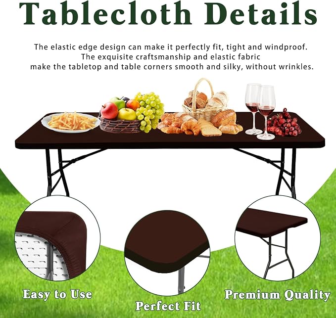 10 Pack Picnic Table Cover Fitted 6 Foot Tablecloth for Rectangle Table Elastic Waterproof Stretch Washable Patio Folding Outdoor Spandex Tablecloth for Camping Banquet and Parties (Coffee 30" x 72")
