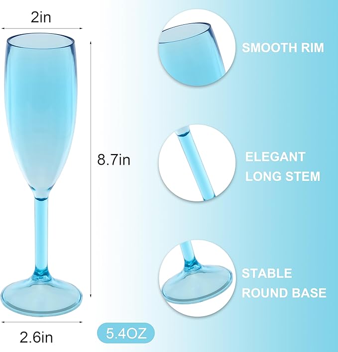 12 Pcs Champagne Flutes 5.4OZ Plastic Champagne Glasses Wine Glasses Plastic Goblets for Parties Mimosa Bar Glasses Stemmed Drinking Cups for Wedding Celebration Christmas Birthday Bride (Clear Blue)