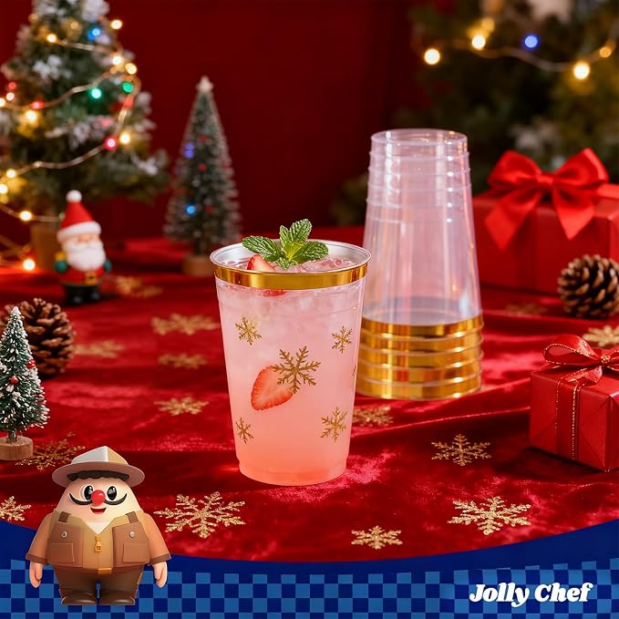 JOLLY CHEF 100 Pack Gold Plastic Disposable Cups, 12 oz Clear Plastic Cups Tumblers, Elegant Gold Rimmed Disposable Glasses for Wedding, Thanksgiving Day, Christmas