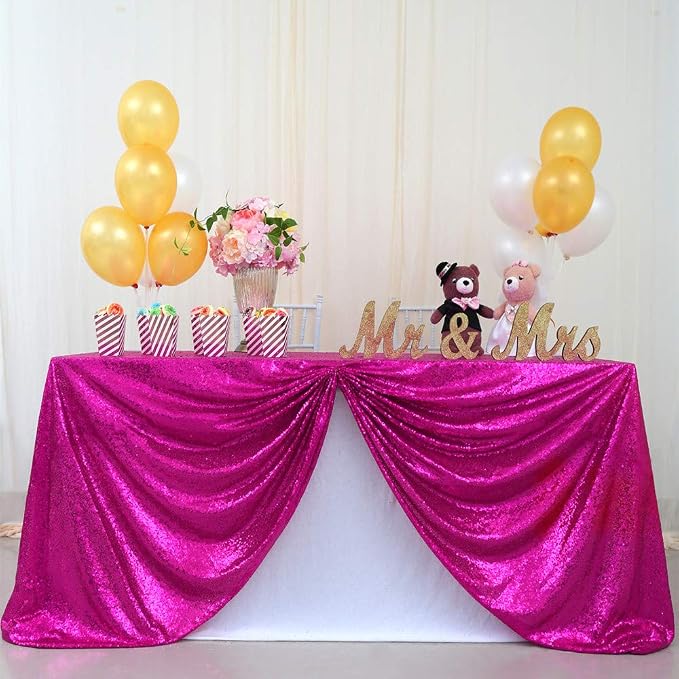 B-COOL Sequin Tablecloth Shimmer Tablecloths 90x132 Inch Rectangle Fuchsia Sequin Table Overlays Thanksgiving Dessert Cake Sparkle Glitz Fabric Indoor Outdoor Party