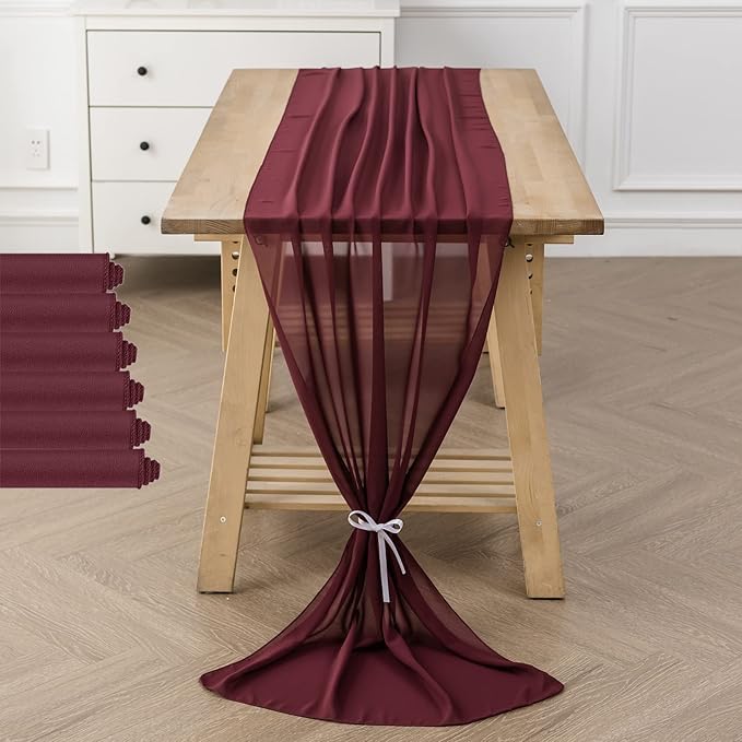 6Pack 9ft Christmas Chiffon Table Runner 14x108 Inch Sheer Romantic Table Runner for Wedding Birthday Party Bridal Shower Outdoor Decoration -Burgundy