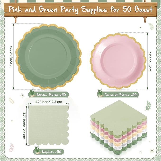 Zhehao 150 Pcs Pink and Green Plates and Napkins Tableware Serves 50 Includes 9 Inch 7 Inch Pink and Sage Scalloped Paper Plate and Napkins for Wedding Birthday Baby Shower Party