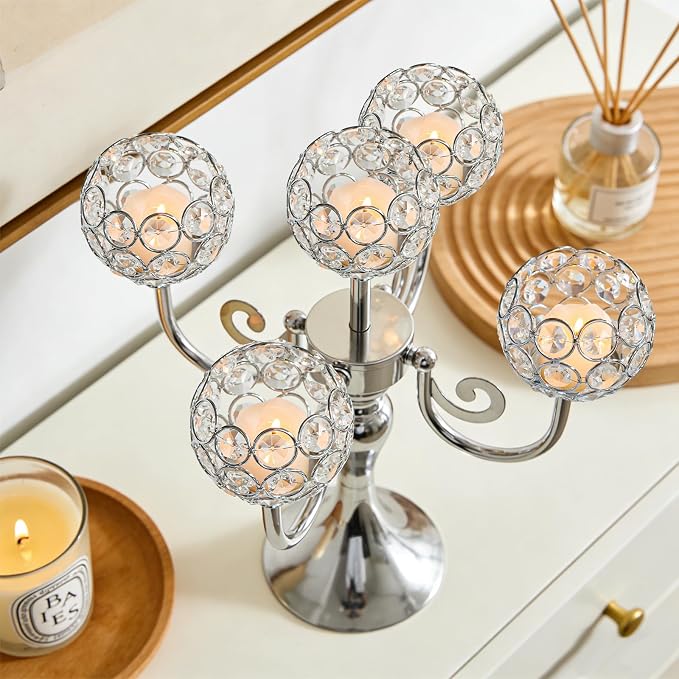 5 Arm Metal Crystal Candelabra Centerpiece - 13.4 Inch Elegant Candle Holder with Crystal Beads for Wedding Party Christmas Home Dining Table Decoration (4, Silver)