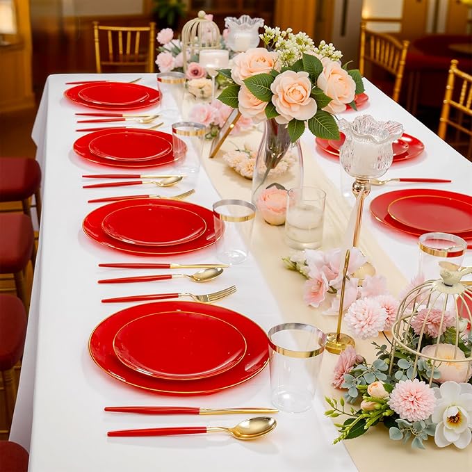 DaYammi 150Pcs Red Plastic Plates & Gold Cutlery with Red Handle,Red Disposable Plates Set Include 30 Dinner Plate, 30 Dessert Plate,30 Knives,30 Forks,30 Spoons for Mother's Day Party Wedding
