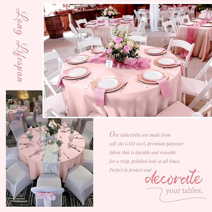 Showgeous 12 Pack Pink Washable Polyester Tablecloths - 90 Inch Round Table Cloths Wrinkle Resistant Decorative Fabric Table Cover for Dining Wedding Party