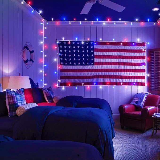 200 LED Red White and Blue Lights, Connectable 66Ft 4th of July Decorations String Lights Clear Wire, Waterproof Patriotic Light Plug in for Independence Day, Memorial Day Indoor Outdoor Decor