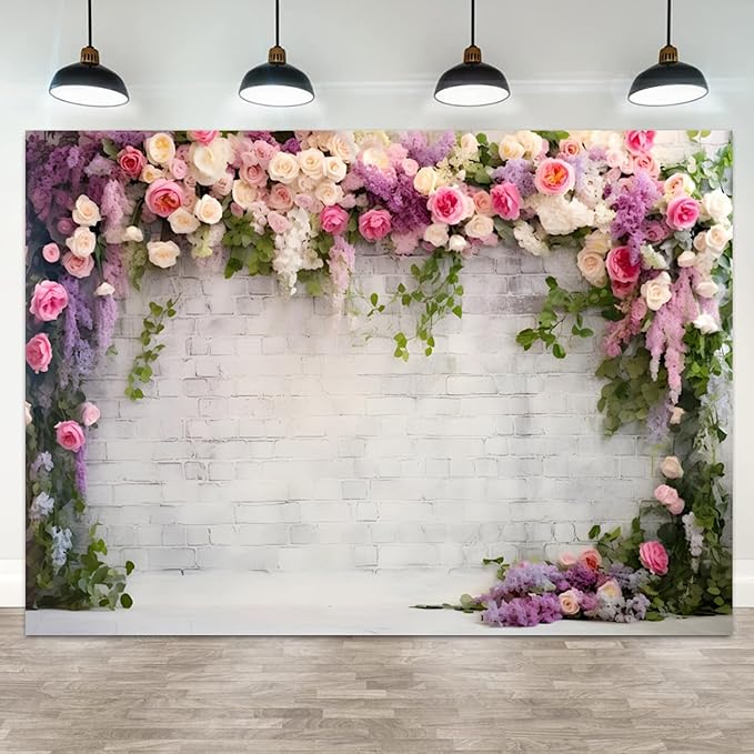 12x6ft Retro White Brick Wall Floral Backdrop Vine Leaves Rose Flowers Photography Background Bridal Shower Wedding Party Birthday Banner Decorations Adults Portrait Photo Booth Prop