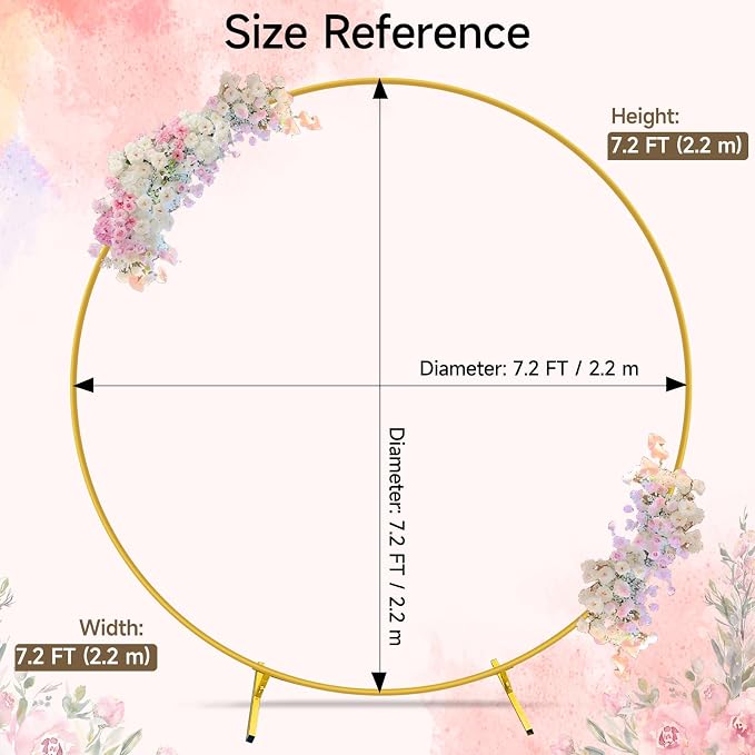 7.2ft Round Backdrop Stand Circle Gold Balloon Arch Metal Wedding Backdrop Ring Stand Frame for Party Birthday Baby Shower Flower Decorations Ceremony Anniversary Bridal