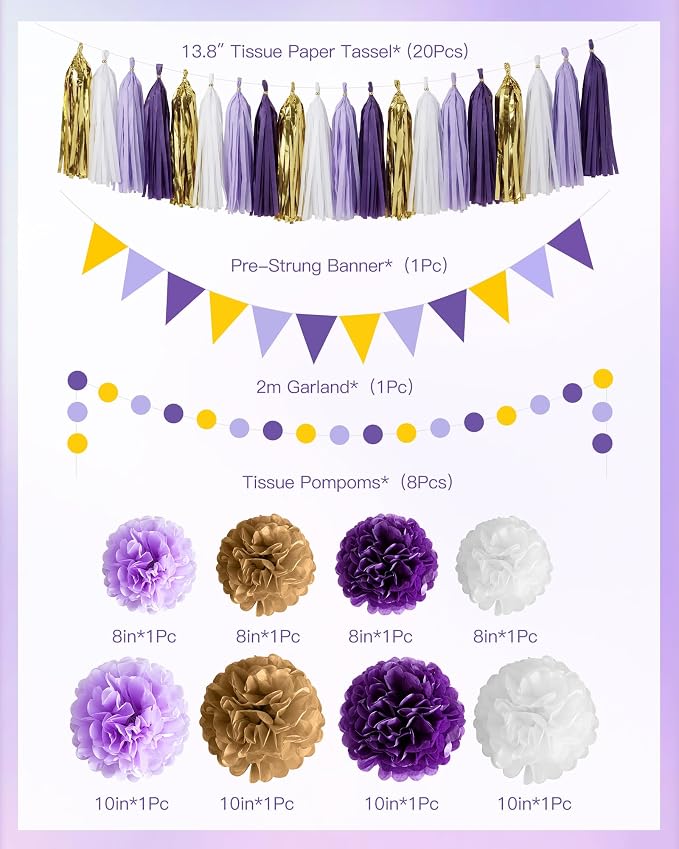 Purple and Gold Party Decoration Set –56 Pcs Include Paper Pom Poms,Tassels,Bunting,Garland,Hanging Swirls,Latex Balloons – Complete Party Decor for Birthday, Graduation,Baby Shower, and Celebrations