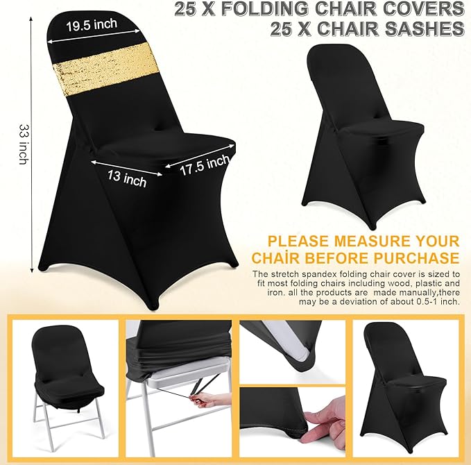 Windyun 50 Pcs Stretch Spandex Folding Chair Cover and Sequin Chair Sashes Set, 25 Double Sided Sequin Bows and 25 Universal Washable Protector for Wedding Banquet(Black, Gold)