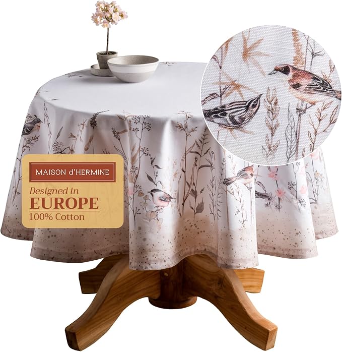 Maison d' Hermine Table Cloth Round Table 100% Cotton 63 Round Inches Tablecloth Reusable Decorative for Dining Kitchen Room Farmhouse Party Home Hotel Restaurant Spring Summer- Meadow Florals - Brown