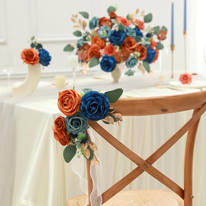 Garisey Artificial Flowers Combo for DIY Wedding Bouquets Combo Centerpieces Arrangements Party Bridal Baby Shower Home Decorations-Teal&Terracotta