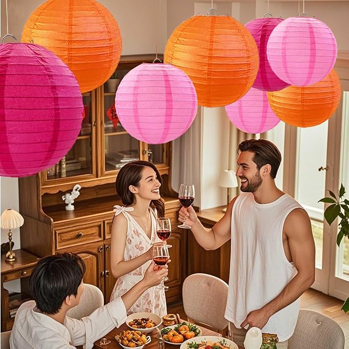 Hot Pink-Orange and Pink Paper Lanterns 12Pcs Hanging Lanterns for Birthday Party, Wedding, Home Decor, Baby Shower Festive Decoration