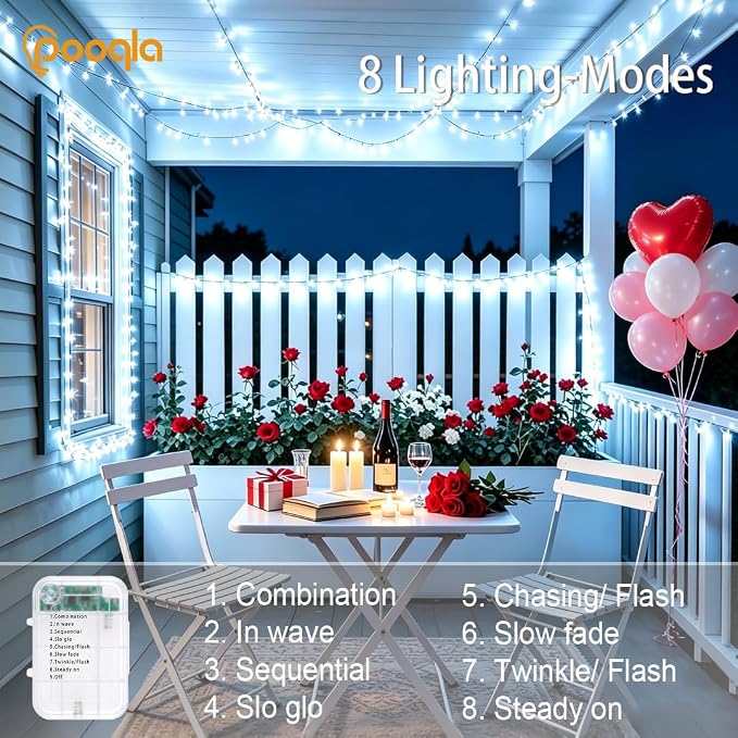 Pooqla 4 Pack String Lights Battery Operated, Total 66.6ft 200 LED Fairy Lights Indoor Outdoor Decorations, 8 Modes Cool White Battery Christmas Lights for Bedroom Classroom Porch Party Yard Decor