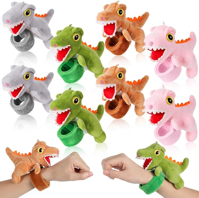 Lenwen 8 Pcs Stuffed Dinosaur Animals Slap Bracelets for Kids 8.66 Inch Back to School Plush Animal Bracelets Adopt a Dinosaur Party Favors Wrist Slap Snap Band Toy for Boys Girls Birthday Gifts