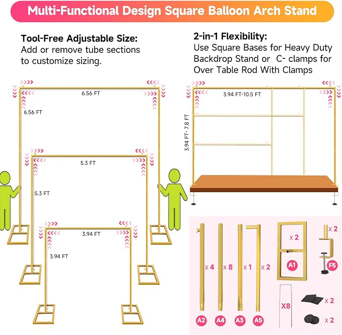 Square Backdrop Stand, Wedding Arch Heavy Duty Adjustable Stand, Over The Table Rod Stand with Clamps, Metal Gold Garden Balloon Frame for Baby Shower Party Decoration