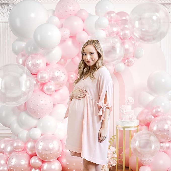 Pink Balloon Arch Kit 177Pcs Pink and White Balloon Arch Kit with Clear Double Stuffed Pearl Pink Balloons Pearl Stickers for Wedding Birthday Bridal Shower Engagement Baby Shower Party Decorations
