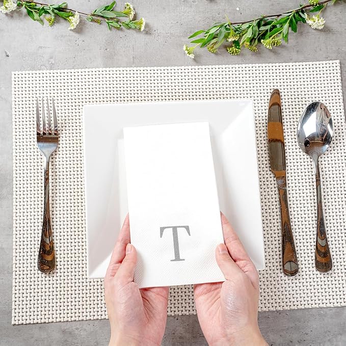 Luxenap 15.8 X 7.9 Inch Linen-Feel Guest Towels, 2000 Lettered Hand Towels - Silver Letter 'T', Sans Serif Font, White Paper Dinner Napkins, airlaid, For Restrooms And Tables - Restaurantware